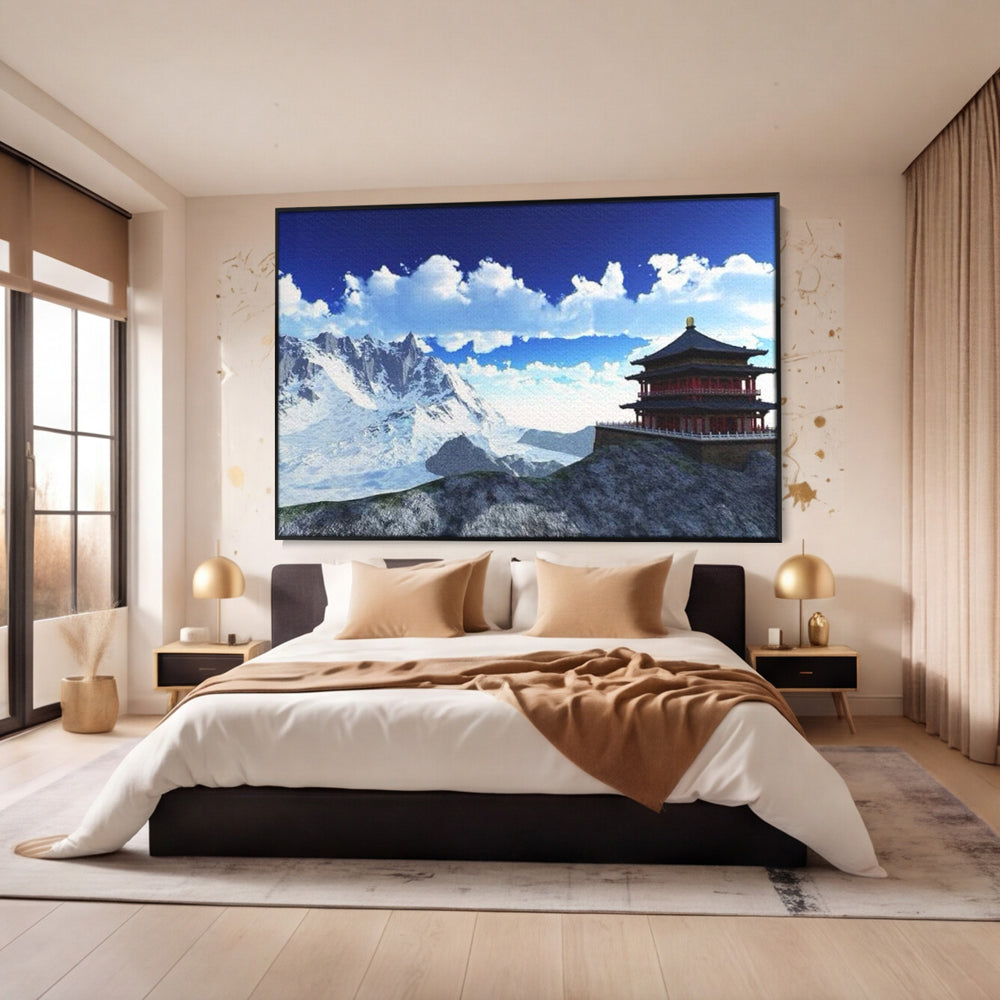Tablou canvas cu tablou canvas cu templu si munti, in rama de aluminiu negru, pe perete intr-un dormitor
